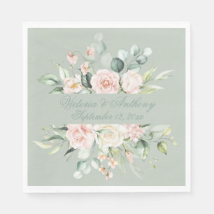 Floral Elegant Script Name Sage Green Wedding Napkin
