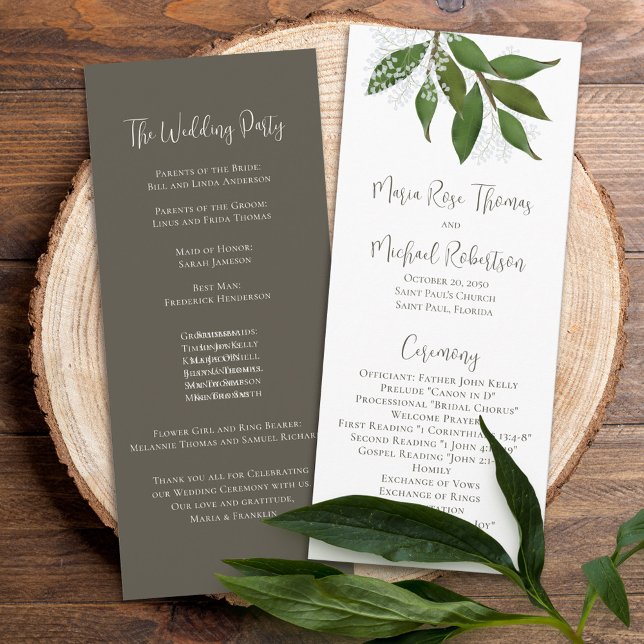 Floral Elegant Simple Wedding Ceremony Leaves Programme (Creator Uploaded)