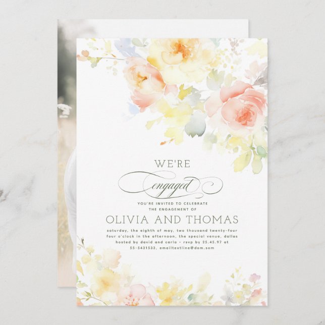 Floral Elegant Summer Engagement Party Photo Invitation (Front/Back)