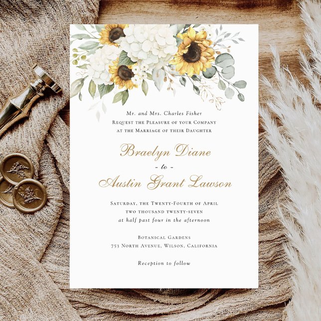 Floral Elegant Sunflowers White Hydrangea Wedding Invitation (Creator Uploaded)