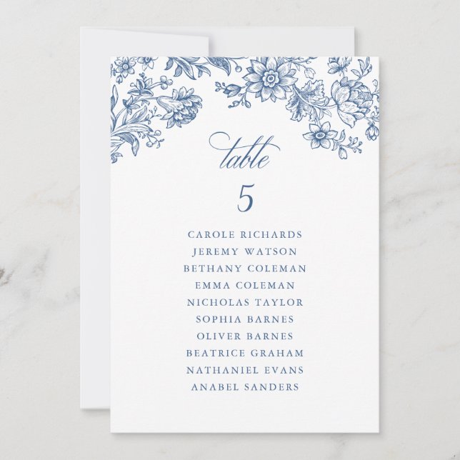 Floral Elegant Vintage Blue Seating Chart Cards (Front)
