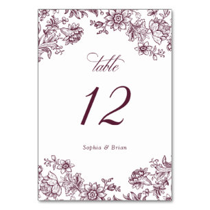 Floral Elegant Vintage Burgundy Wedding Table Number