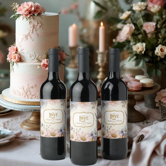 Floral Elegant Vintage Pink Blue n Gold Watercolor Wine Label (Creator Uploaded)