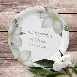 Floral Elegant Watercolor Magnolia Flower Blooms Paper Plate