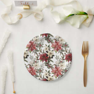 Floral Elegant Watercolor Merry Christmas Paper Plate