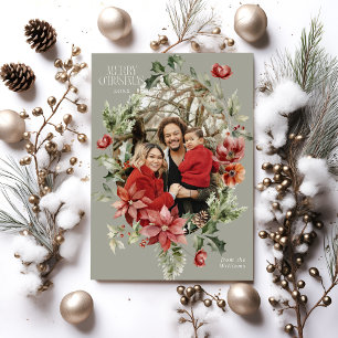 Floral Elegant Watercolor Merry Christmas Photo Holiday Card