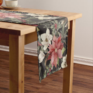 Floral Elegant Watercolor Merry Christmas Short Table Runner