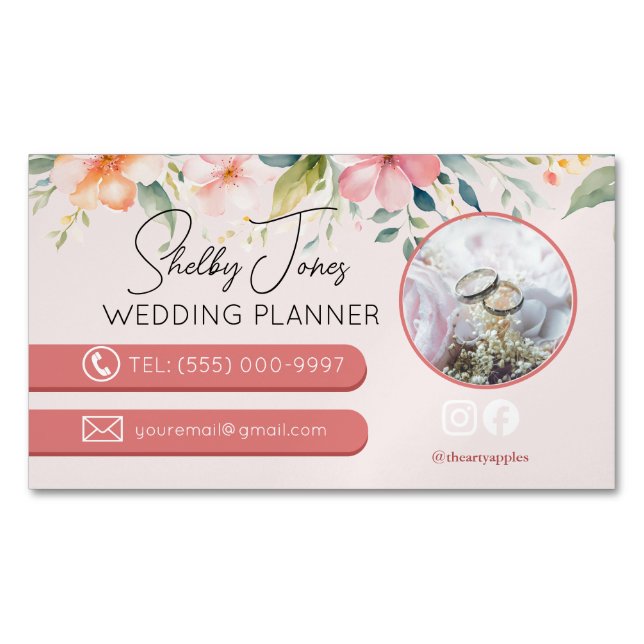 floral Elegant Wedding Planner small business Magnetic Business Card (Front)