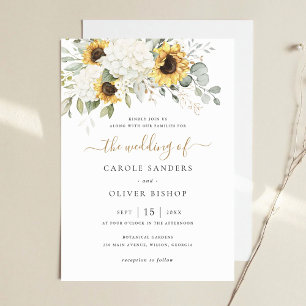 Floral Elegant White Hydrangea Sunflowers Wedding Invitation