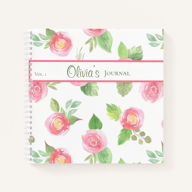 Floral Elegant Your Name Script Pink Roses Journal (Front)