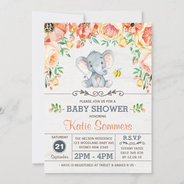 Floral Elephant Baby Shower Autumn Fall Invitation (Front)