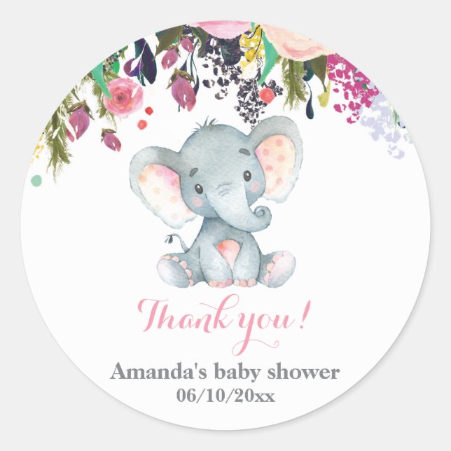 Floral Elephant Baby Shower Blue Thank You Favour Classic Round Sticker (Front)