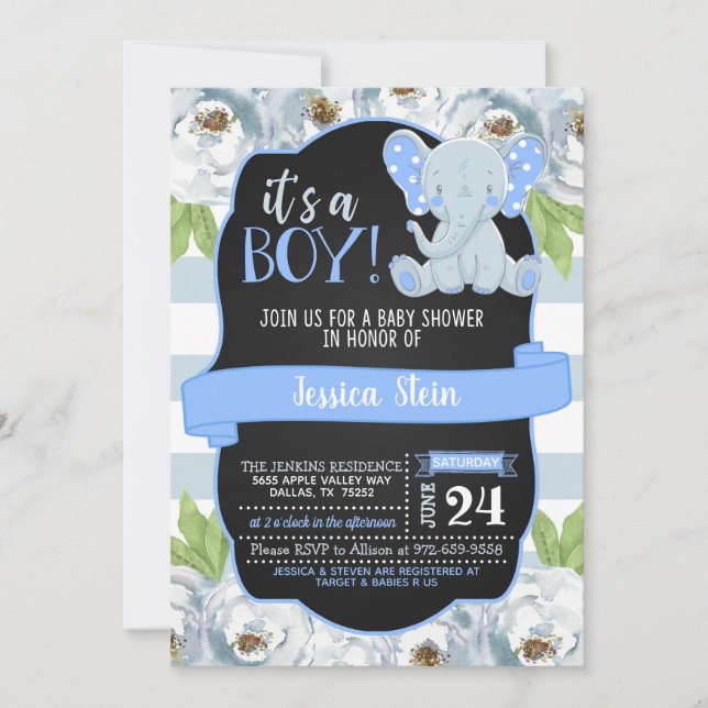 Floral Elephant Baby Shower Invitation - Boy (Front)