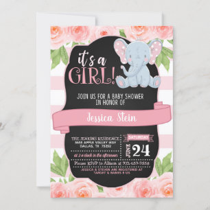 Floral Elephant Baby Shower Invitation - Girl