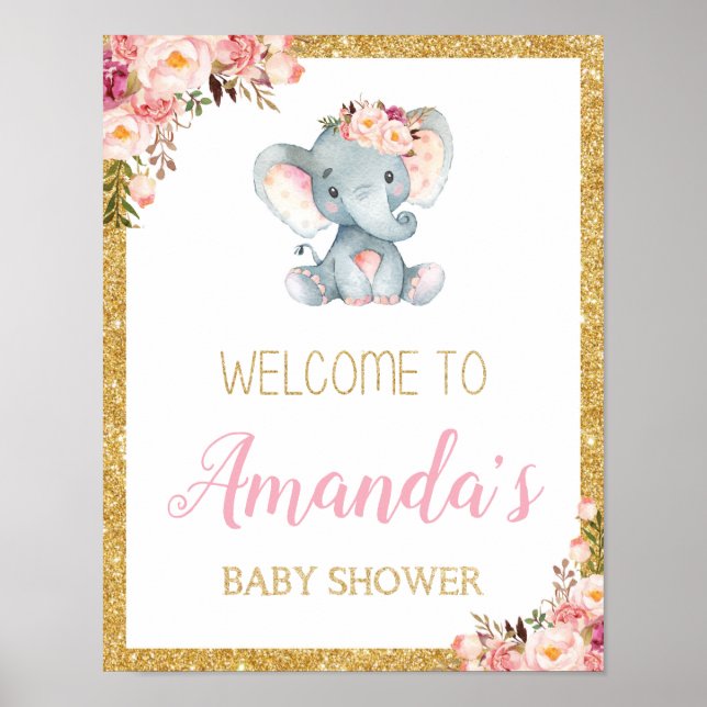 Floral Elephant Baby Shower Welcome Sign Poster (Front)