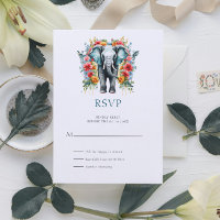 Floral Elephant Bay Blue and White RSVP Card