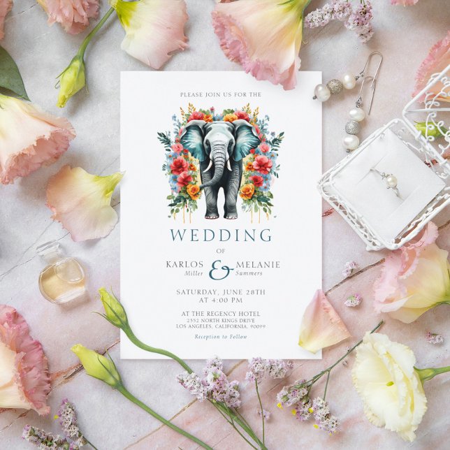 Floral Elephant Bay Blue and White Wedding Invitation (Creator Uploaded)