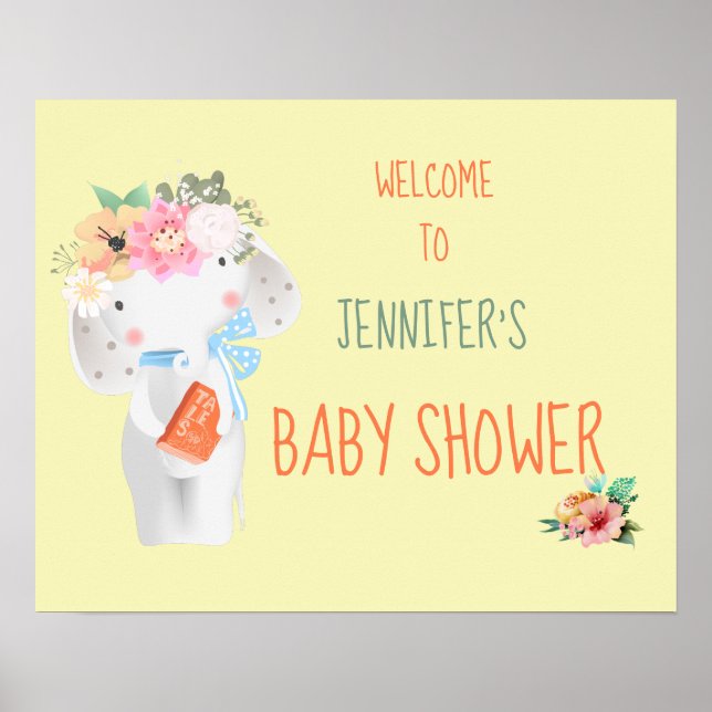 Floral Elephant Customizable Baby Shower Sign (Front)