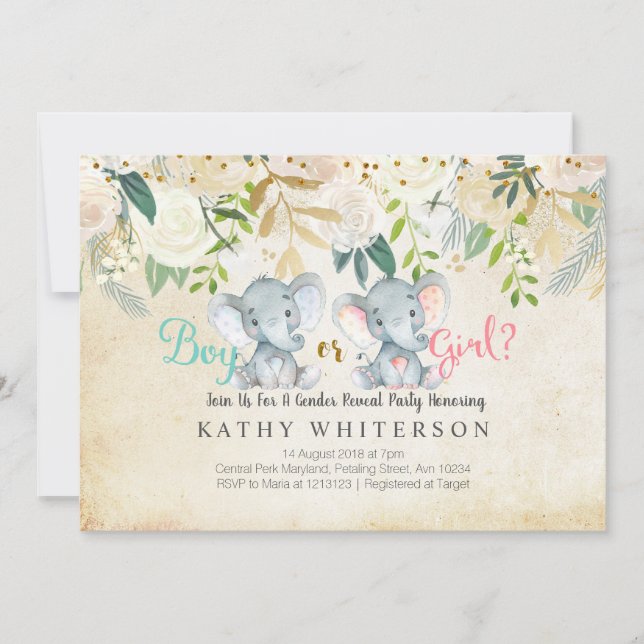 Floral Elephant gender reveal Invitation Botanical (Front)