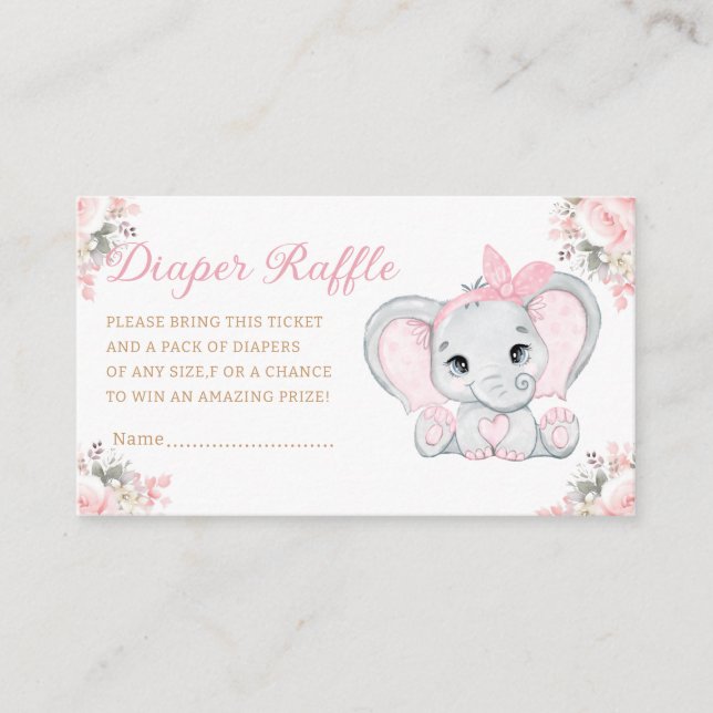 floral elephant girl baby shower diaper raffle enclosure card (Front)