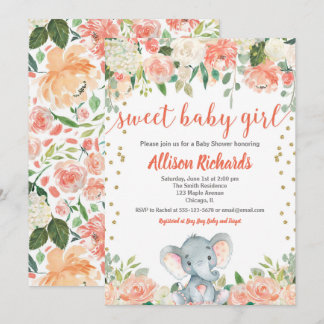 Floral elephant girl baby shower peach coral green invitation