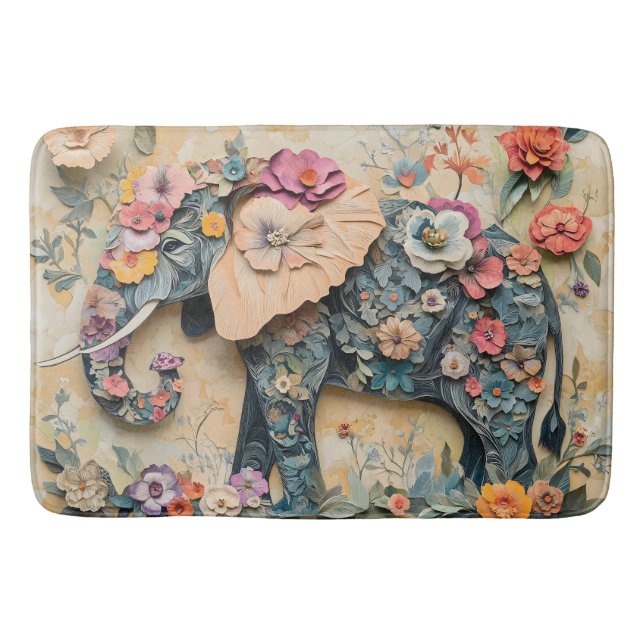 Floral Elephant Illustration Bath Mat (Front)