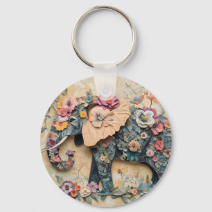 Floral Elephant Illustration Key Ring