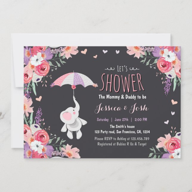 Floral Elephant Invitation baby shower Girl Pink (Front)