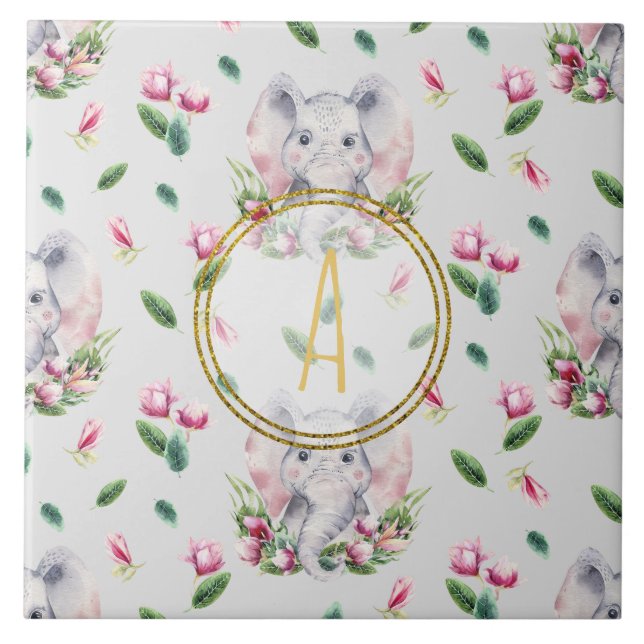 Floral ELEPHANT Monogram Girl Pink Bedroom Nursery Tile (Front)