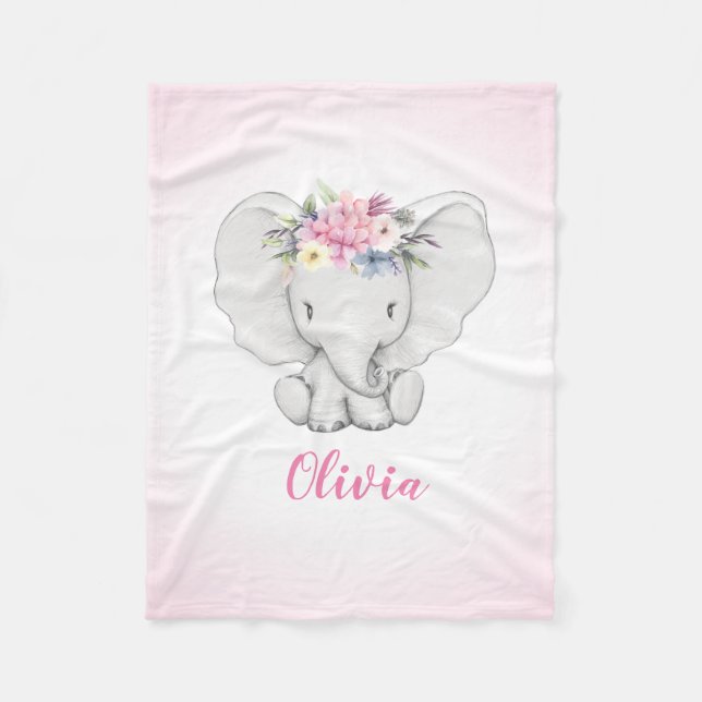 Floral Elephant Personalised Girl Fleece Blanket (Front)
