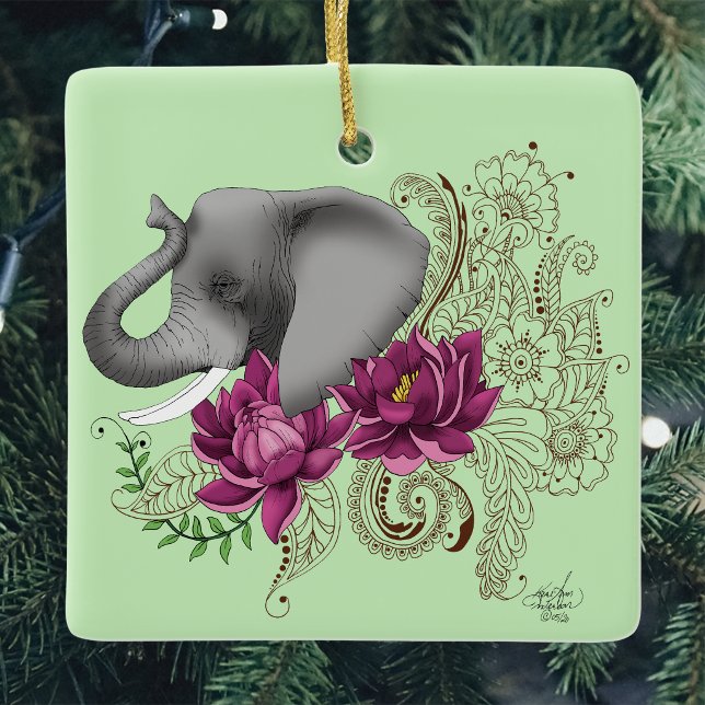 Floral Elephant Pink Lotus Henna Mandala Green Ceramic Ornament (Creator Uploaded)