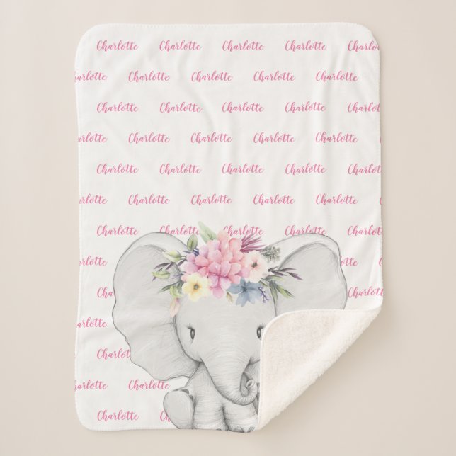 Floral Elephant Pink Personalized Girl Name Sherpa Blanket (Front)