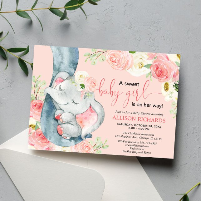 Floral elephant sweet baby girl blush pink cream invitation (Creator Uploaded)