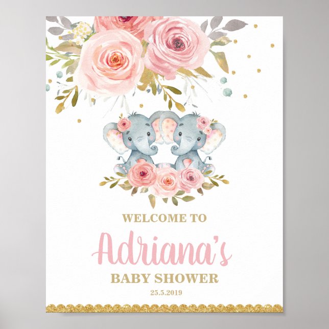 Floral Elephant Twin Girls Baby Shower Welcome Poster (Front)
