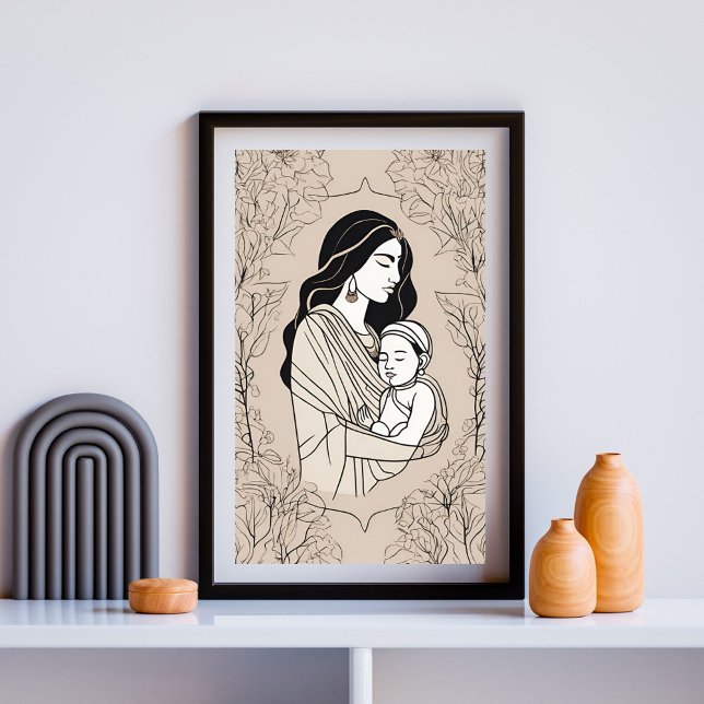 Floral Embrace Mother and Baby Line Art Print (Creator Uploaded)