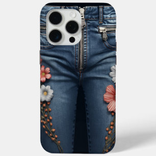 Floral Embroidered Denim Look iPhone 15 Pro Max Case