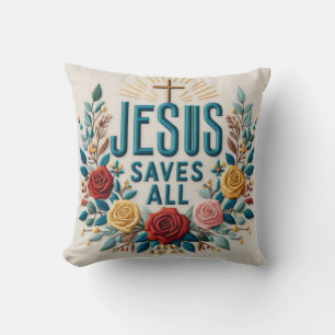 Floral Embroidered Style Jesus Saves All Faith Art Cushion