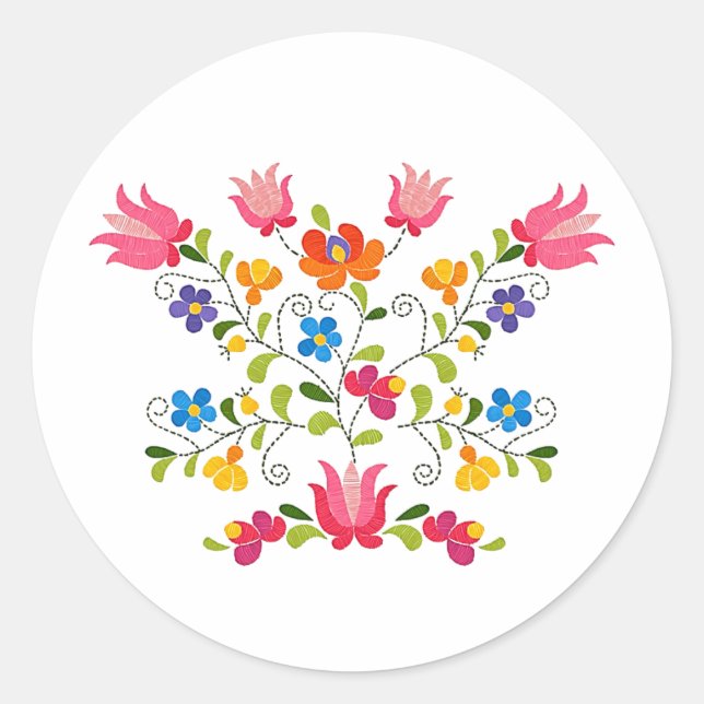 Floral embroidery  classic round sticker (Front)