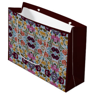 Floral Embroidery Pattern with Beautiful Flowers   Large Gift Bag