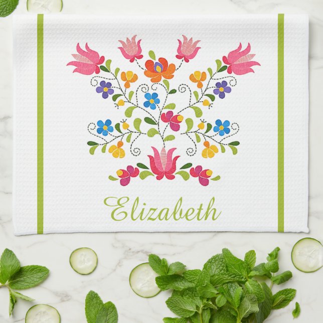 Floral embroidery personalised kitchen towel (Folded)