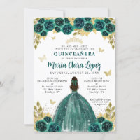 Floral Emerald Gold Butterfly Princess Quinceanera