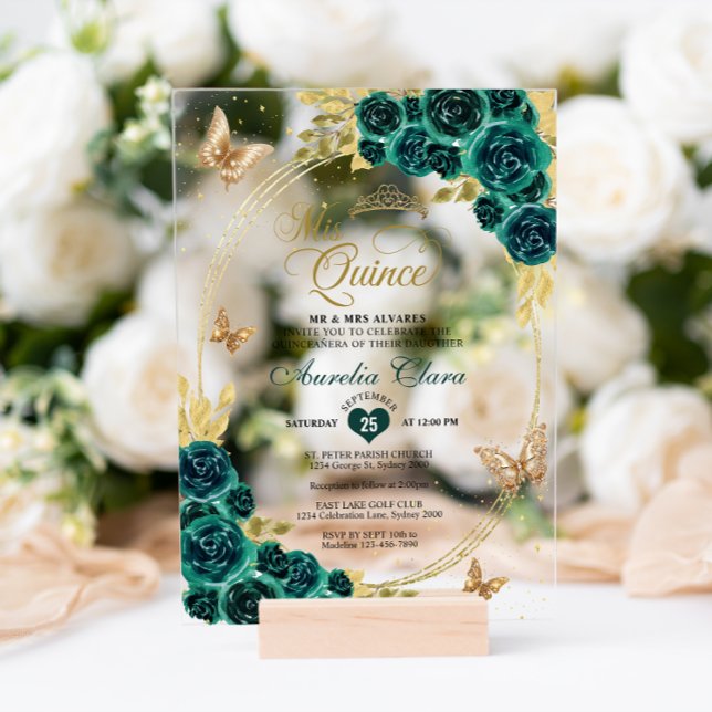 Floral Emerald Gold Tiara Butterfly Quinceañera Acrylic Invitations (Creator Uploaded)