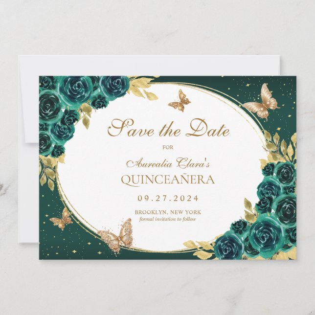 Floral Emerald Gold Tiara Butterfly Quinceañera Save The Date (Front)