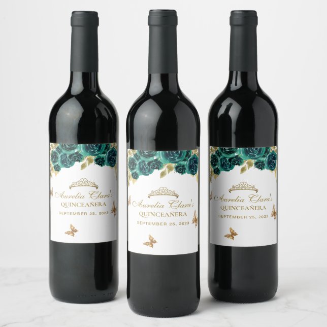 Floral Emerald Gold Tiara Butterfly Quinceañera Wine Label (Bottles)