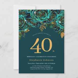Floral Emerald Green and Gold 40th Birthday Invitation