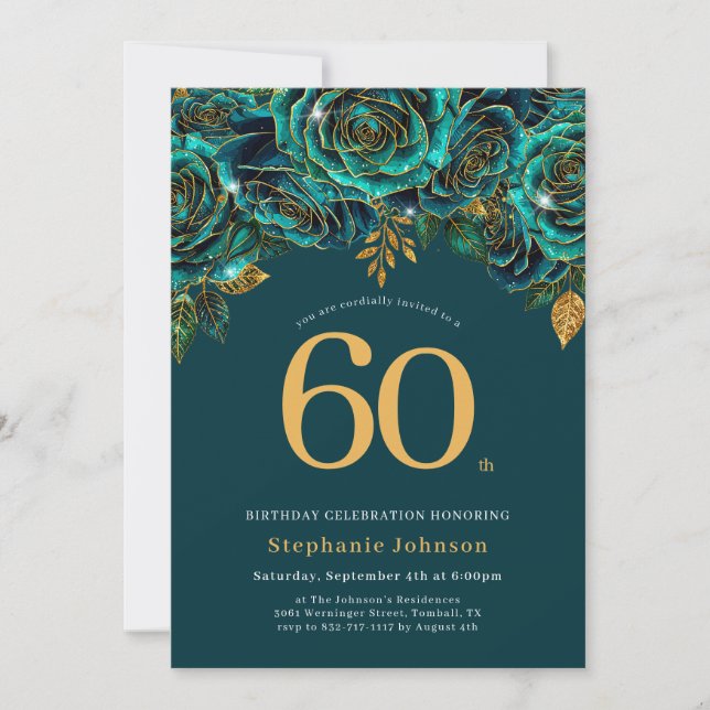 Floral Emerald Green and Gold 60th Birthday Invitation (Front)