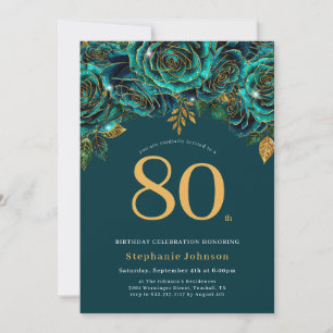 Floral Emerald Green and Gold 80th Birthday Invitation