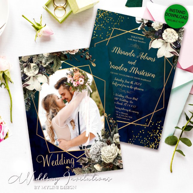 Floral Emerald Green and Gold Photo Wedding Invitation (Creator Uploaded)
