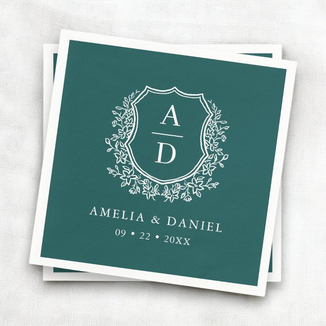 Floral Emerald Green Crest Wedding Monogram Napkin (Creator Uploaded)