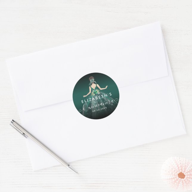 Floral Emerald Green Dress Birthday Quinceanera Classic Round Sticker (Envelope)